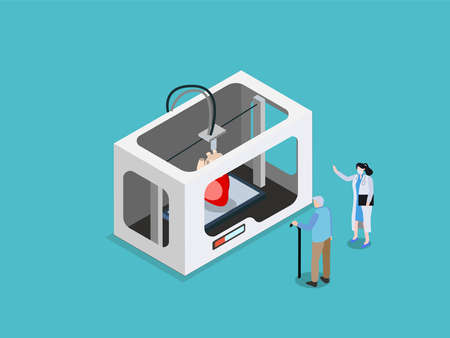 3D print vector concept. Female doctor creating artificial heart by 3d printer for old patient while...