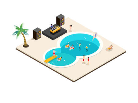 Swimming pool party vector concept. Crowd young people dancing together and enjoying music from DJ in the swimming poolのイラスト素材