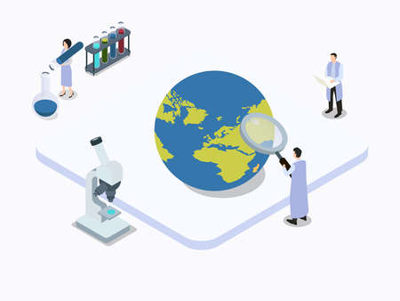 Science vector concept. Group of scientist doing research with globe earth while holding magnifying glass and tubesのイラスト素材