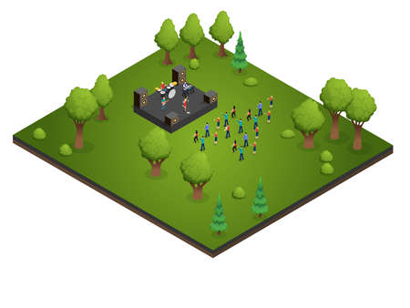 Musical event vector concept. Crowd young people dancing together and enjoying music from music band performance in the parkのイラスト素材