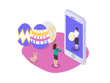 Easter day vector concept: Young woman celebrating Easter with her friend on video conference during...