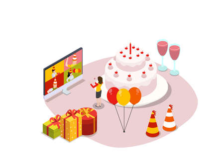 Party online vector concept. Young woman celebrating her birthday party with her friends while doing...