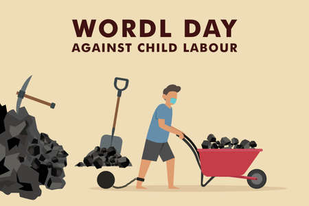 World day against child labor vector concept. Boy in face mask working to mine rocks with tied feetのイラスト素材