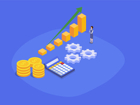 Business vector concept. Young businesswoman using a laptop while calculating profit her business with up arrow chartのイラスト素材