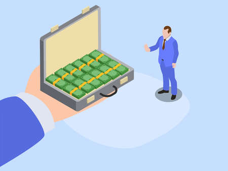 Refusing bribe vector concept. Businessman refusing bribe money while standing in the officeのイラスト素材