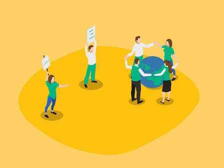 Save world vector concept: Group of activists surrounding the earth while doing demonstration for...