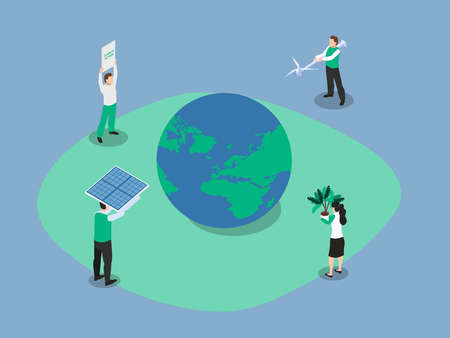 Save the Earth vector concept. Group of people carrying alternative energy while saving earth from global warmingのイラスト素材