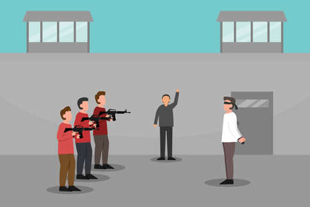 Death penalty vector concept: Executor team ready to shoot male prisoner while using shoot gunのイラスト素材