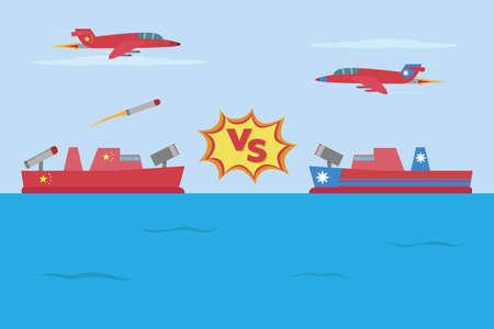 Taiwan vs China in World political war concept. Chinese and Taiwanese fighter jet and war ship fighting on seaのイラスト素材