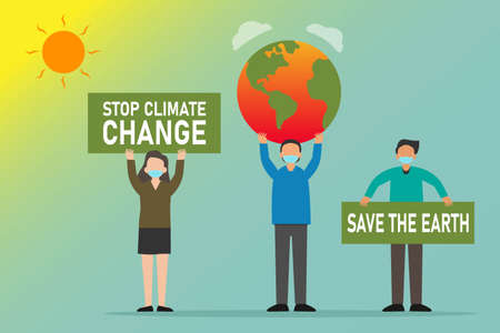 Global warming vector concept: Young people holding banner of save the world together while wearing face maskのイラスト素材
