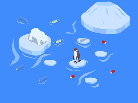 Global warming vector concept. Polar bear and penguin standing on melting glacier ice with plastic trash pollution floating on oceanのイラスト素材