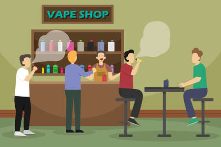 Vaping vector concept. Group of men enjoying vape in vape shopのイラスト素材