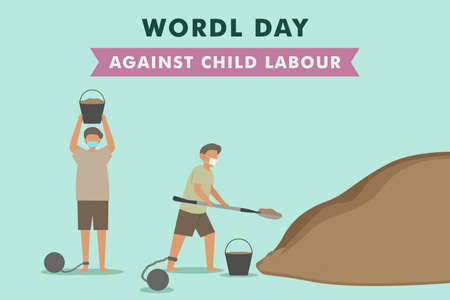 World day against child labor vector concept. Kids wearing face mask while mining sand with tied feetのイラスト素材