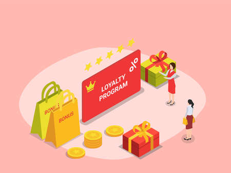 Loyalty program vector concept. Saleswoman giving a loyalty card to her loyal customer while standing with gift boxes and shopping bagのイラスト素材