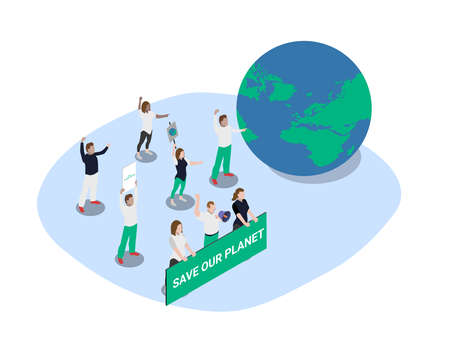 Save world vector concept: Group of activists doing demonstration for save our earth while standing...