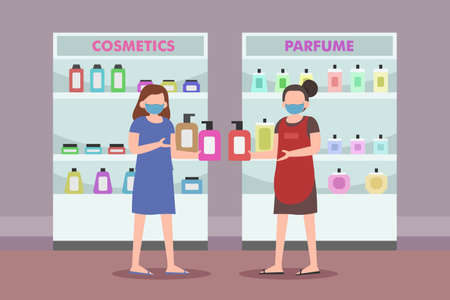 Cosmetics vector concept. Woman wearing face mask and asking cosmetics on saleswoman in the cosmetics storeのイラスト素材