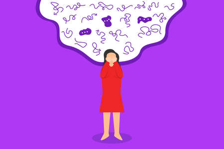 Mental illness vector concept: Stress woman covering her face with hand while standing with doodle over her headのイラスト素材