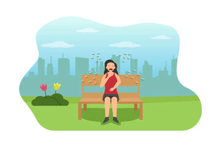 Allergy vector concept: Young woman suffering allergy of insects while sitting in the parkのイラスト素材