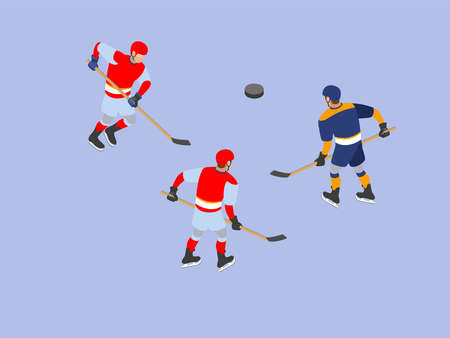 Hockey vector concept. Ice hockey players fighting for a puck during match at stadiumのイラスト素材