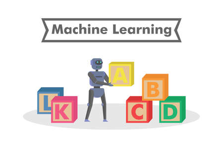 Machine Learning vector concept. Robot arrange wooden blocks alphabetのイラスト素材