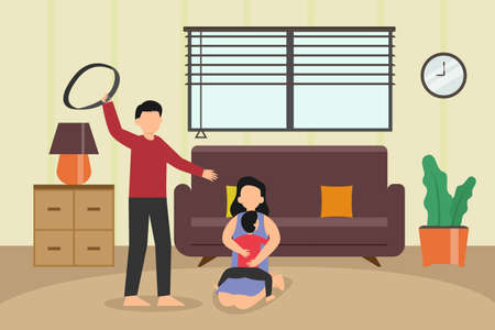 Child abuse vector concept: Young man hitting his wife and his child while using belt at homeのイラスト素材