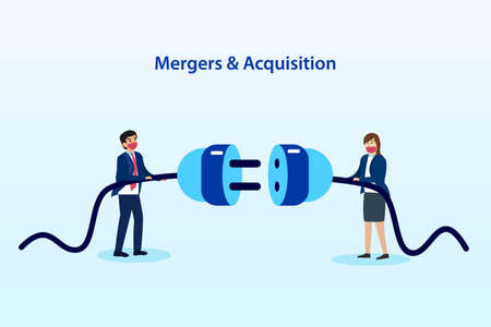 Merger and Acquisition vector concept. Businessman and businesswoman connecting a plug to merger...
