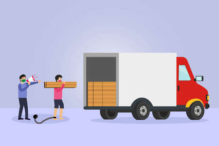 World day against child labor vector concept. Man ordering tied boy to load woods into a truck