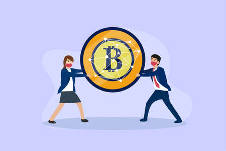 Cryptocurrency vector concept. Businesswoman and businessman competing to take bitcoinのイラスト素材