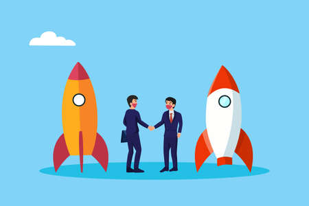 Merger and Acquisition vector concept. Businessmen shaking hands together with startup rocket...