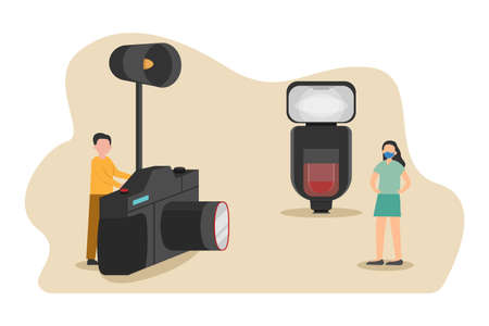 Photography vector concept: Male photographer taking photo model in the studio while wearing face mask in new normalのイラスト素材