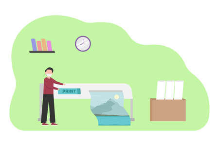 Digital printing vector concept: Male employee working with digital printing machine while wearing face maskのイラスト素材