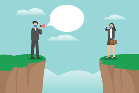 Business vector concept:Young businessman shouting to young woman with megaphone while wearing face maskのイラスト素材