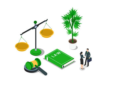 Cannabis legalization vector concept. Businessman and businesswoman shaking hands with justice scale, gavel and cannabis plant backgroundのイラスト素材