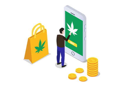 Online shop vector concept. Young man buying cannabis on a cellphone with application online while standing with money and shopping bagのイラスト素材