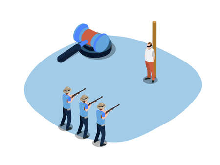Death penalty vector concept. Male prisoner having death penalty while standing with firing squadのイラスト素材