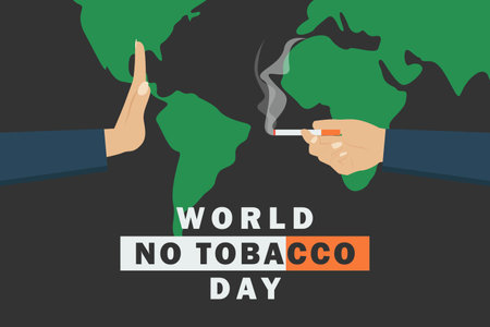 World no tobacco day vector concept. Hand rejecting cigarette offer with world map backgroundのイラスト素材