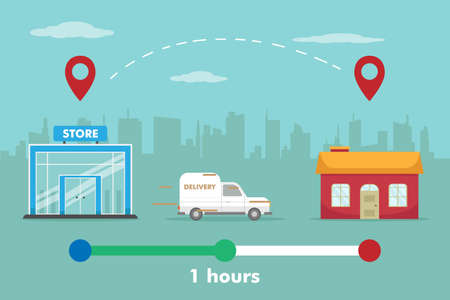 Delivery vector concept. Delivery truck shipping a package from store to home in one hoursのイラスト素材