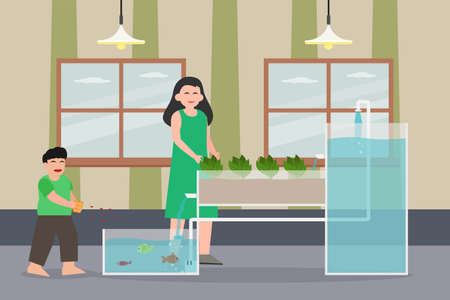 Hydroponic vector concept. Happy mother checking hydroponic vegetable plant while his son feeding fish in the aquariumのイラスト素材