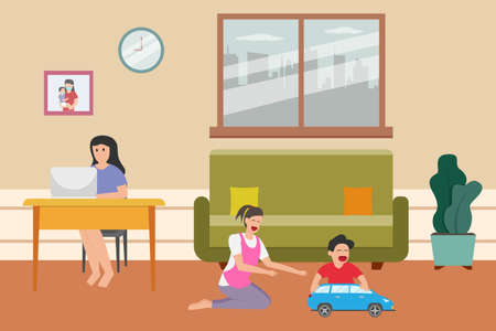 Housemaid vector concept: Little son playing toy car with his nanny at home while his mother working from homeのイラスト素材