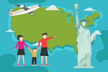 Vacation in new normal vector concept: Young parents and little son enjoying holiday in liberty statue while wearing face mask in new normalのイラスト素材