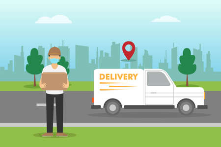 Delivery vector concept. Delivery man in face mask holding package with delivery car backgroundのイラスト素材