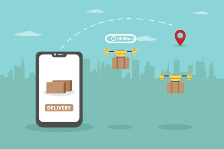 Drone delivery vector concept: Drone flying while carrying package in the cityのイラスト素材