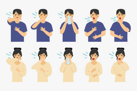 Influenza vector concept: Young man and woman showing right way to sneezing and coughingのイラスト素材