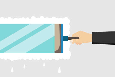 House chores vector concept: Hand of housekeeper cleaning the mirror using rubber cleanerのイラスト素材