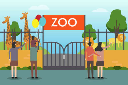 Zoo vector concept. People visiting zoo and looking at giraffe and lion in the cageのイラスト素材