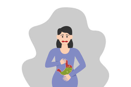 Sickness vector concept: Young woman suffering gastric pains while holding her stomachのイラスト素材