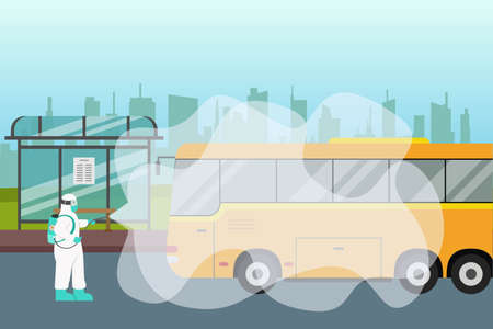 Disinfectant vector concept: Young man spraying disinfectant to the public bus while wearing...