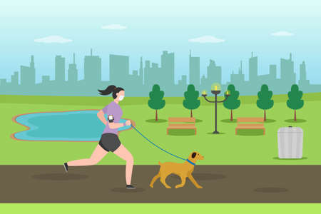 Jogging vector concept. Woman jogging at the park with her dog and running trackerのイラスト素材