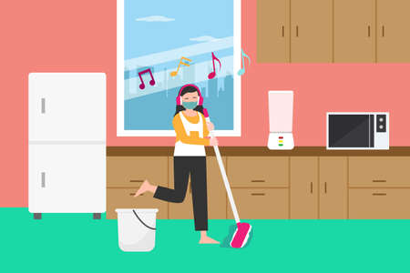House chores vector concept: Young woman mopping the floor while listening music on the headphones