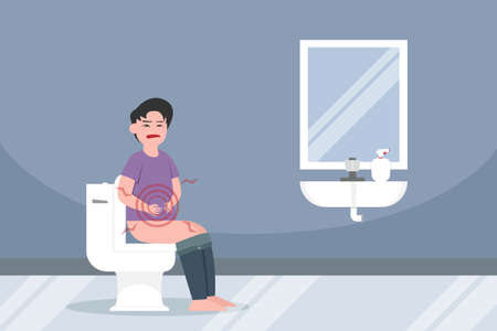 Diarrhea vector concept: Young man suffering diarrhea and sitting in the toilet while holding his stomachのイラスト素材